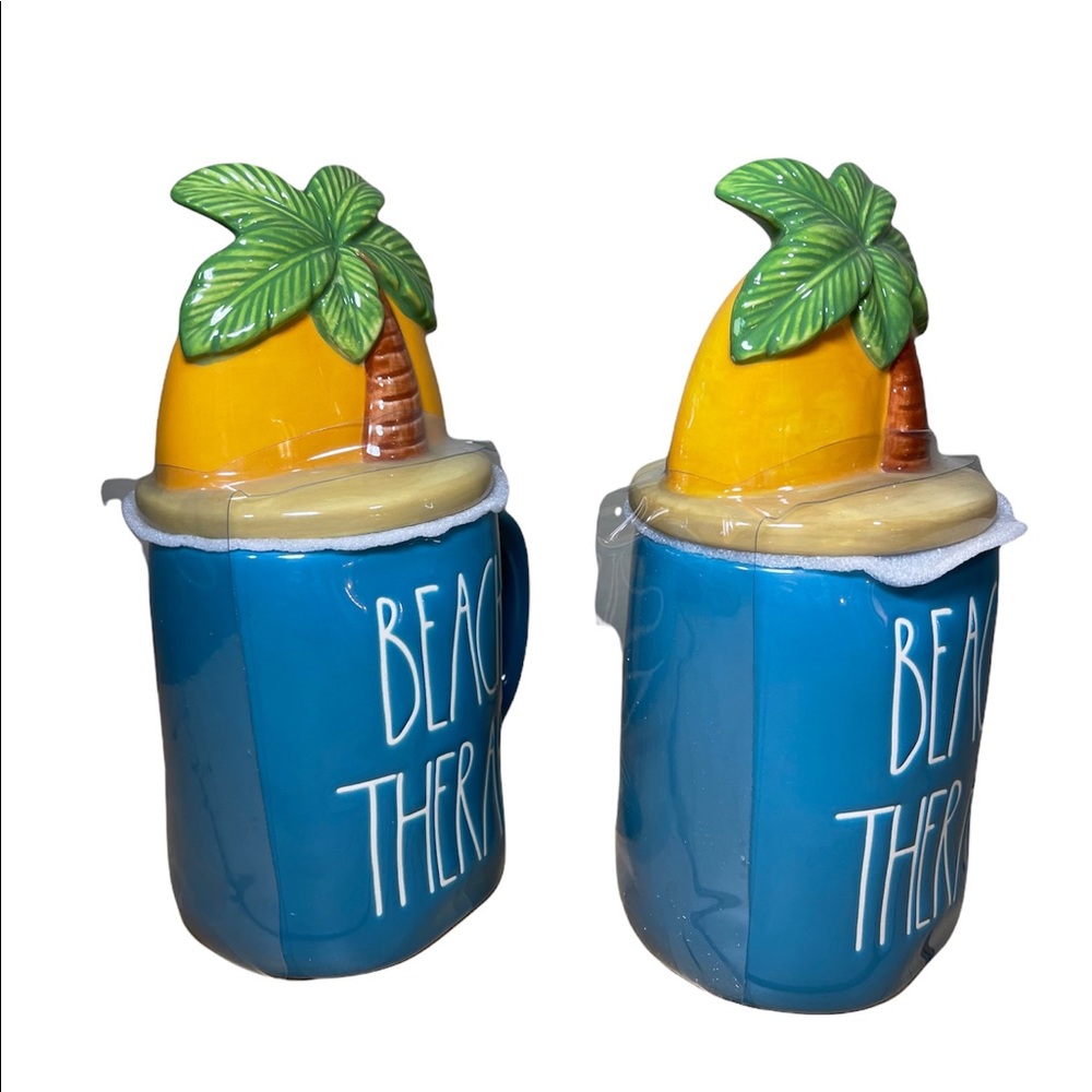 ⚡️SOLD⚡️Rae Dunn "Beach Therapy" Coffee Mug w/ Topper Lid Palm Tree 2 Set Mugs - Picture 6 of 11